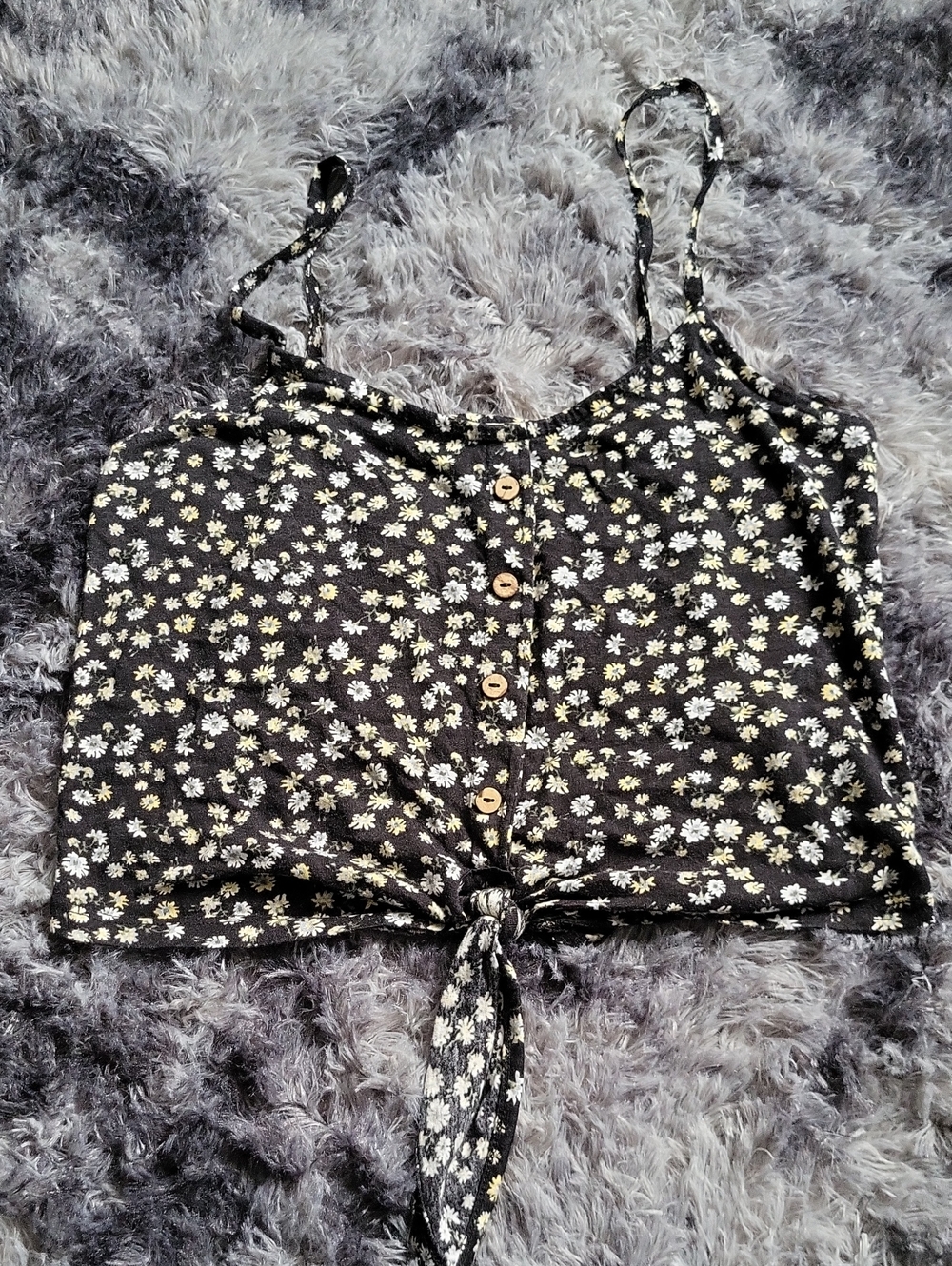 New Look Women's Black Daisy Print Button Down Tie-Front Cami Top